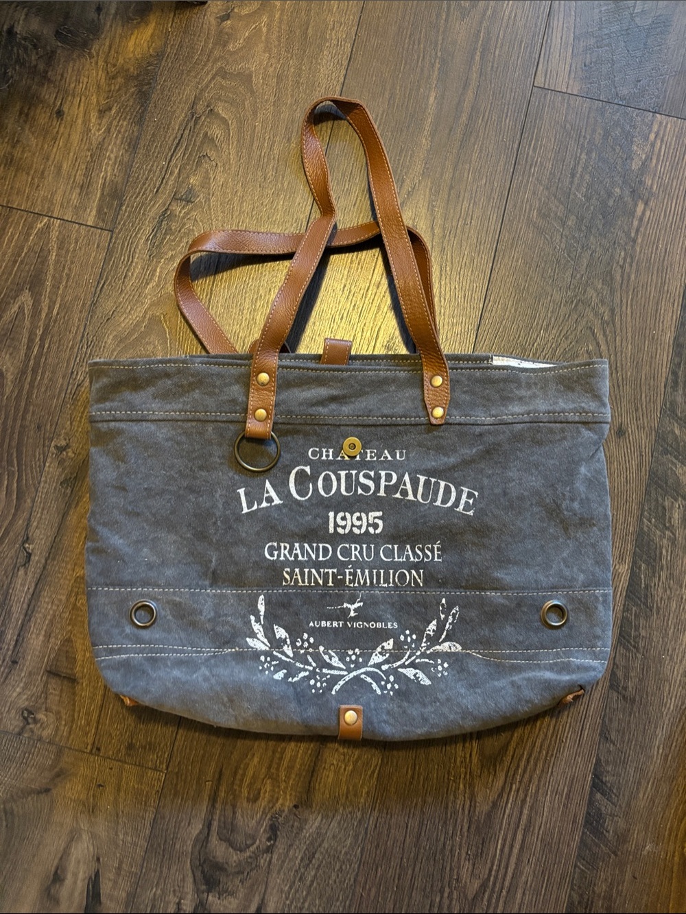 Myra Bag Gray Canvas Satchel with Brown Leather Straps